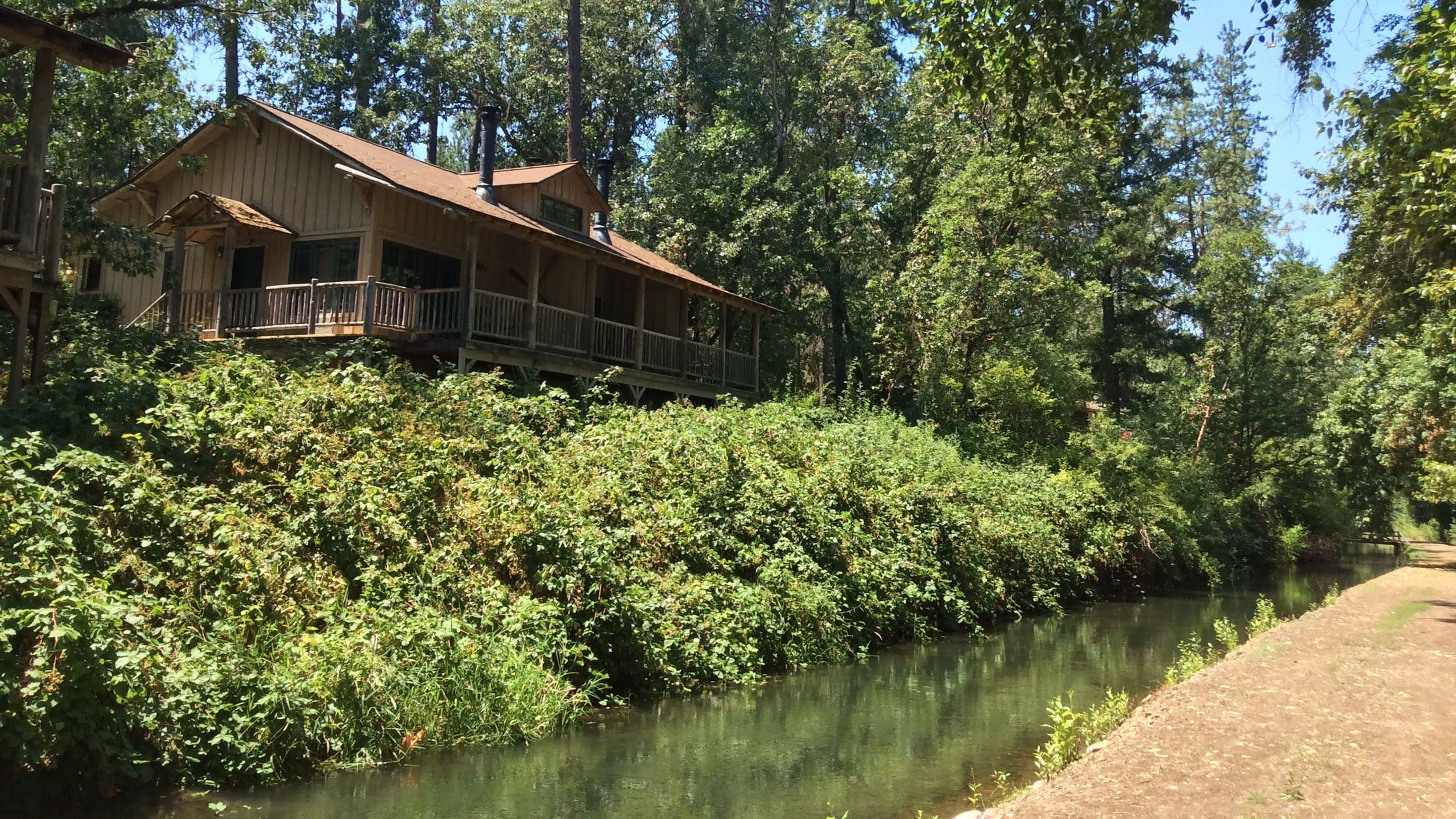 Un chalet rustique doté d’une véranda donnant sur une rivière, le tout entouré d’une végétation luxuriante.