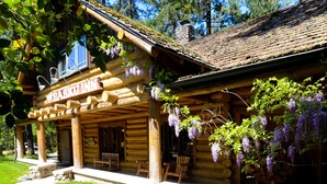 A log cabin with a porch, wooden furniture, and hanging purple flowers.