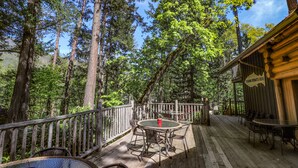 A wooden deck with outdoor seating, surrounded by tall trees and a clear sky.