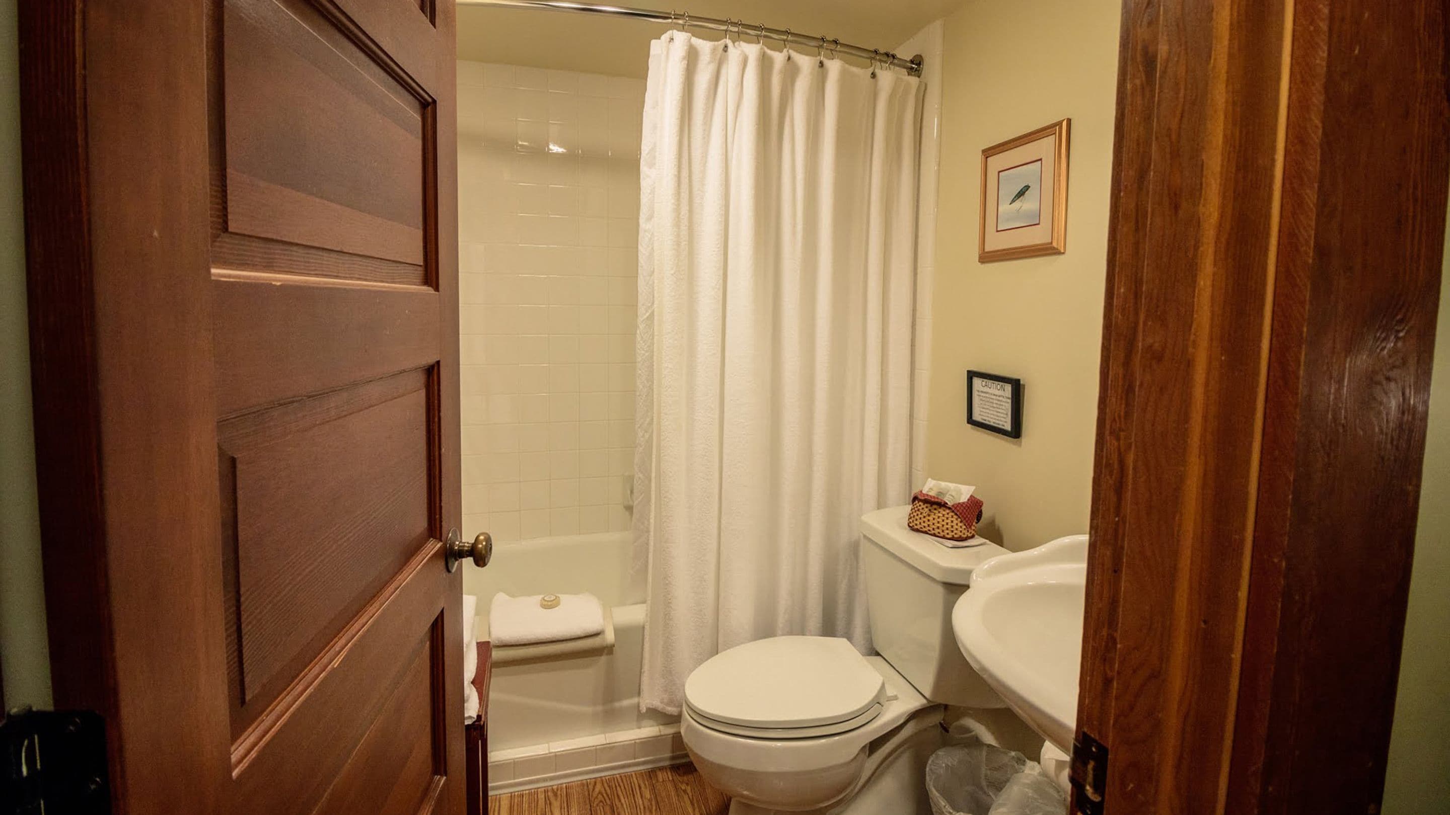A bathroom with a wooden door, a shower curtain, a toilet, and a sink.