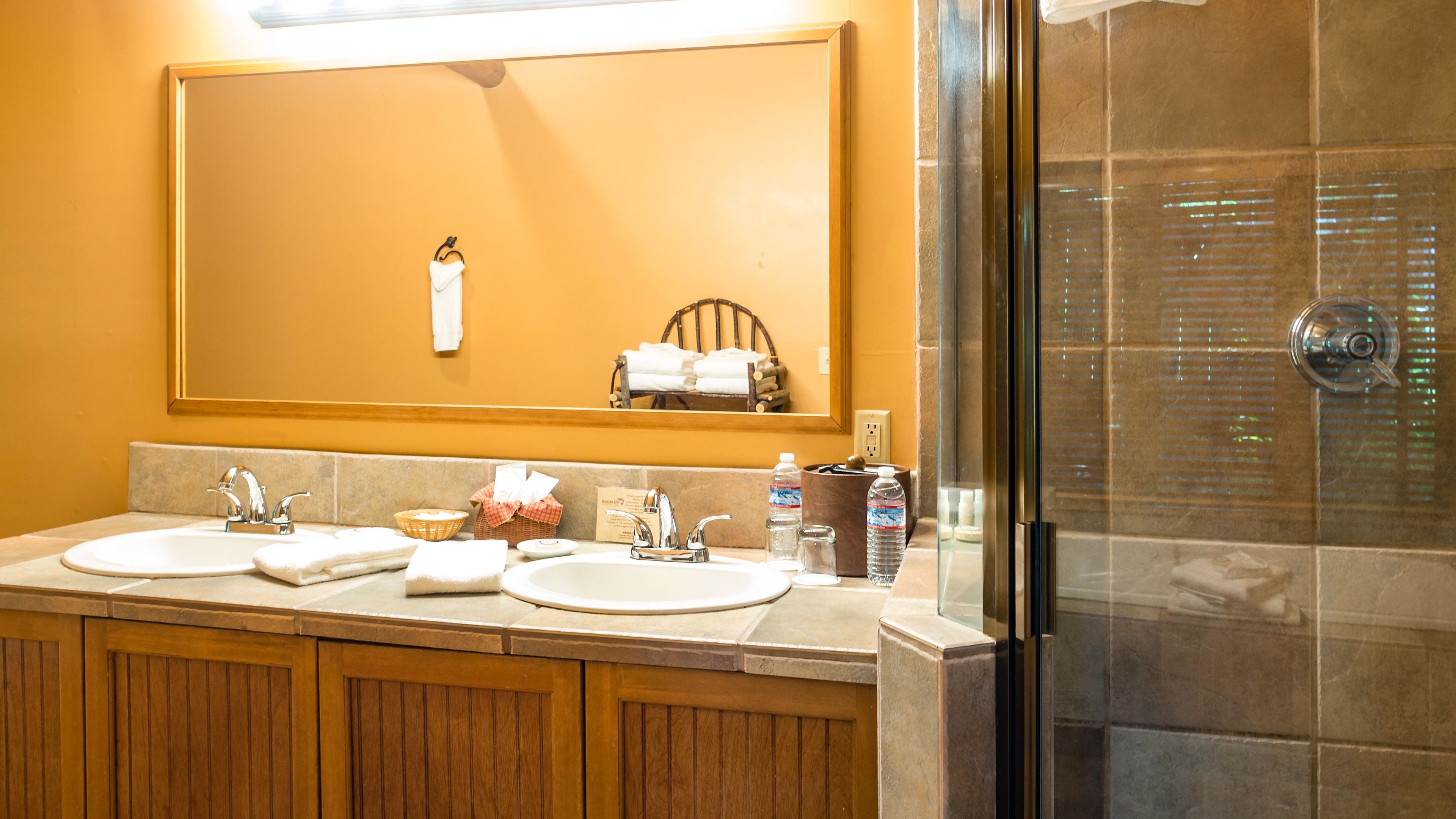 A bathroom with two sinks, a mirror, and a shower.