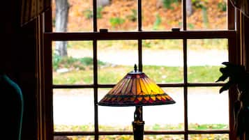 A room with a window featuring a stained glass lamp, curtains, and a view of an outdoor area with trees and fallen leaves.