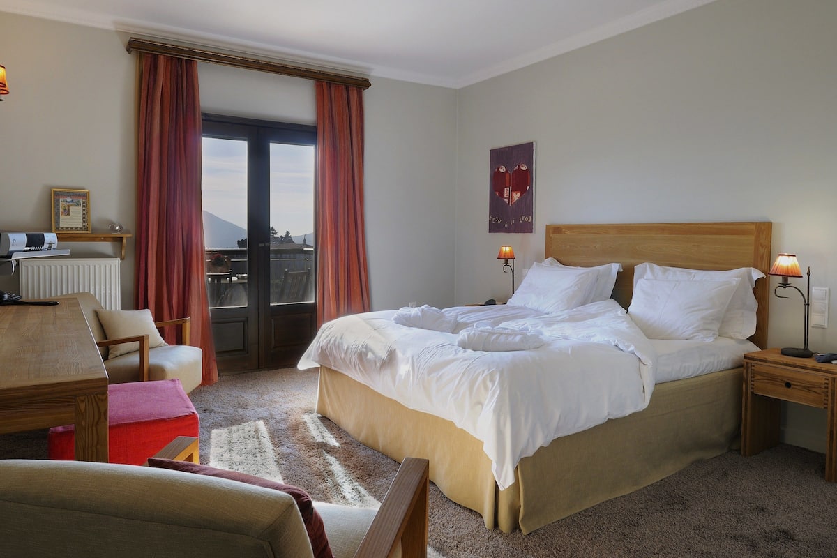 A hotel room with a bed, a desk, a chair, a TV, and a view of the outdoors.