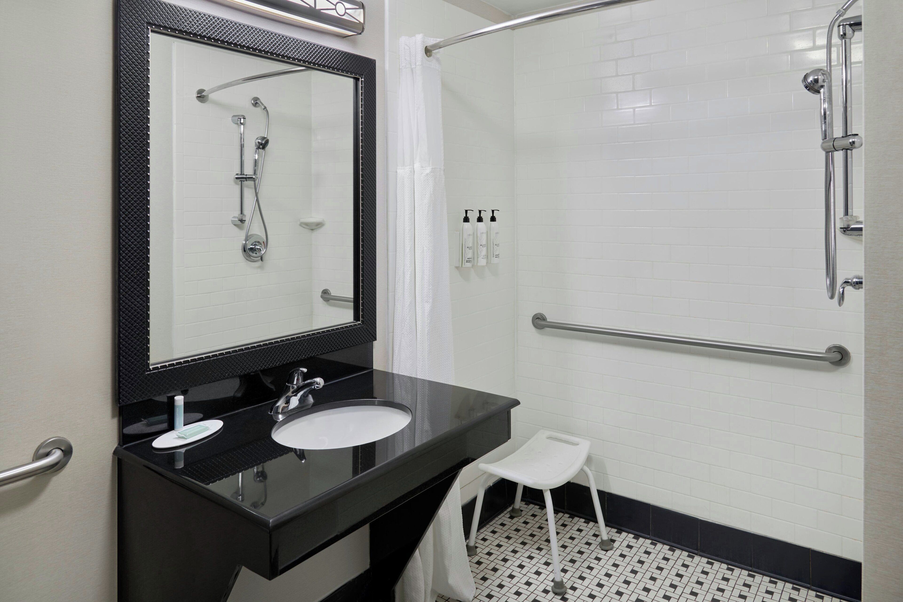 combined shower/bathtub, free toiletries, hair dryer