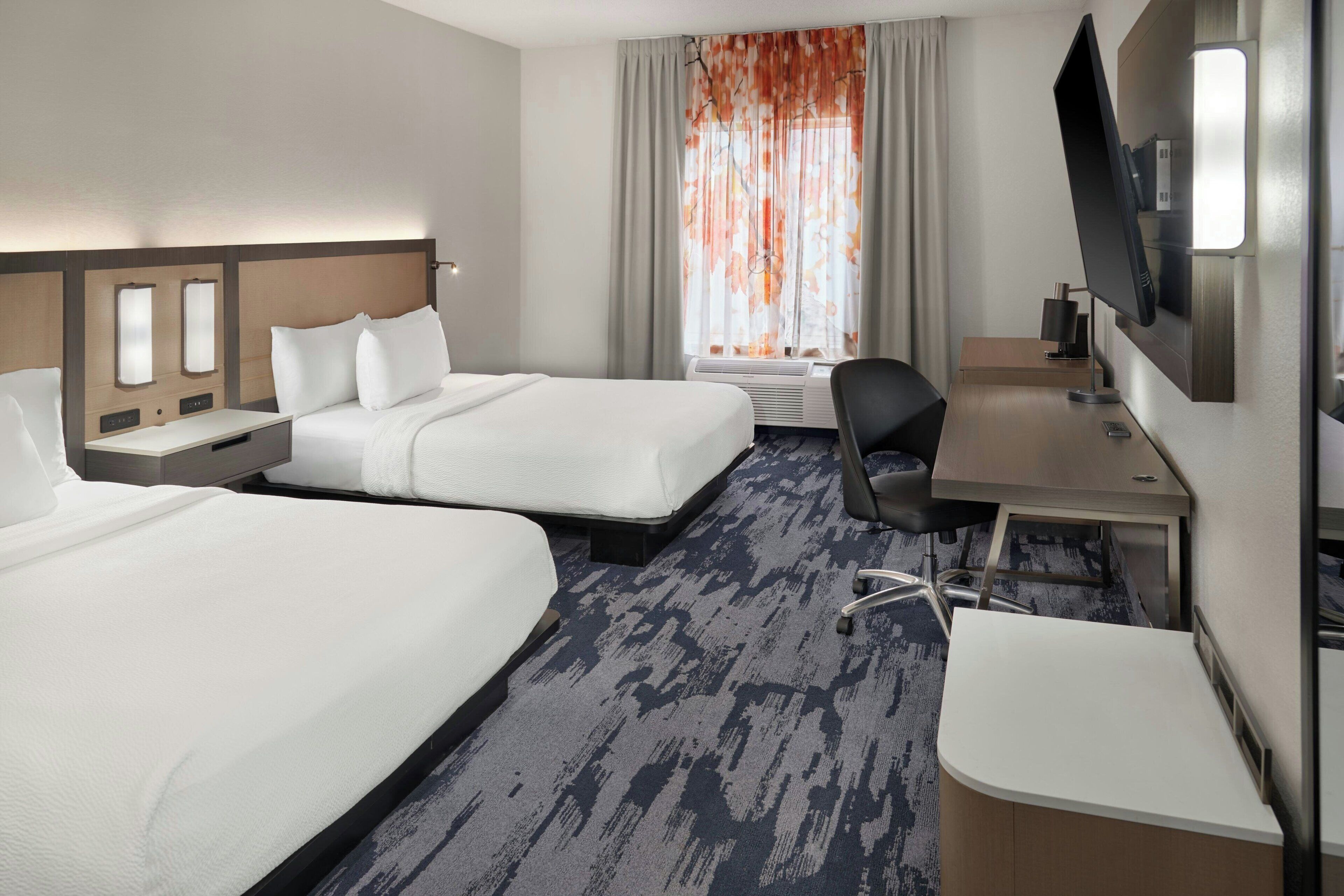 premium bedding, desk, blackout curtains, iron/ironing board