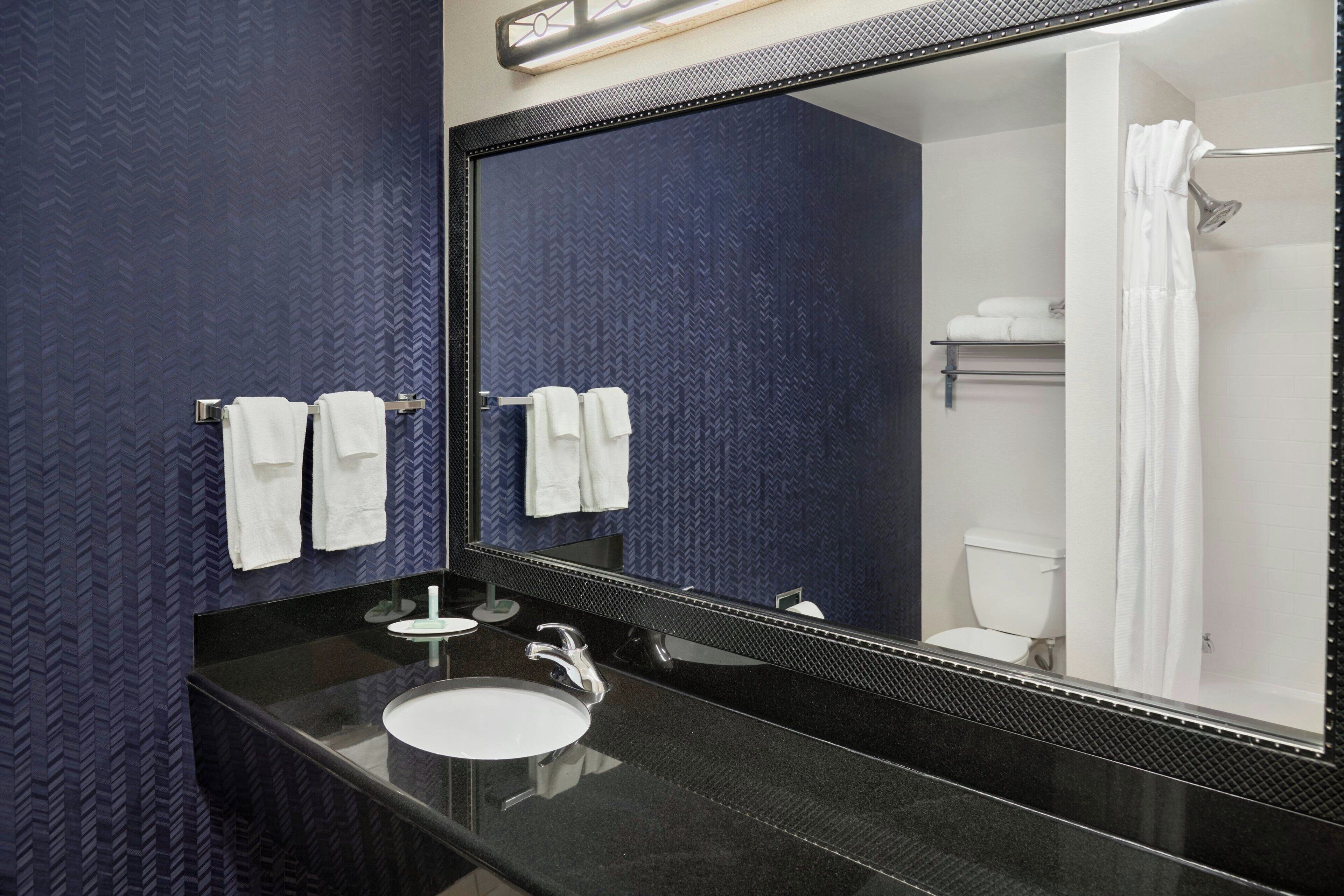 combined shower/bathtub, free toiletries, hair dryer