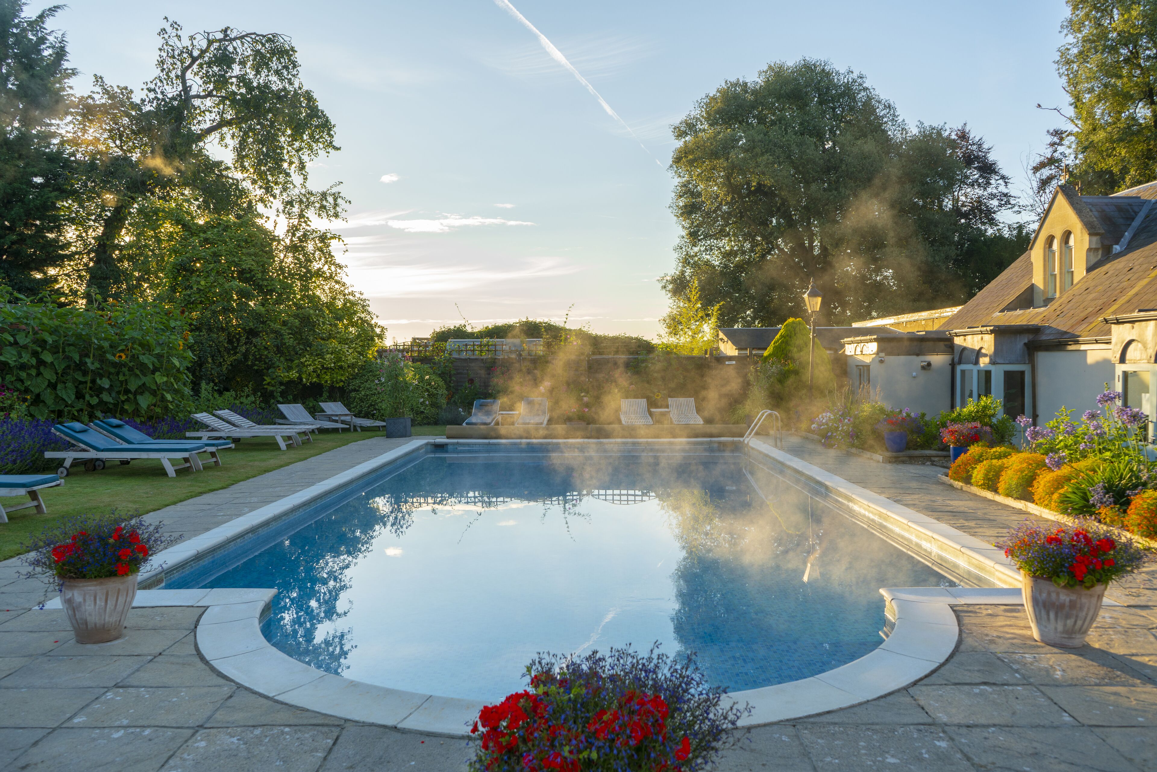 Una piscina con sillones de descanso y plantas en macetas alrededor.