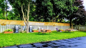 A backyard with a wooden fence, two barbecue grills, a hammock, and a picnic table with chairs. - Kings Inn Midland (Midland)