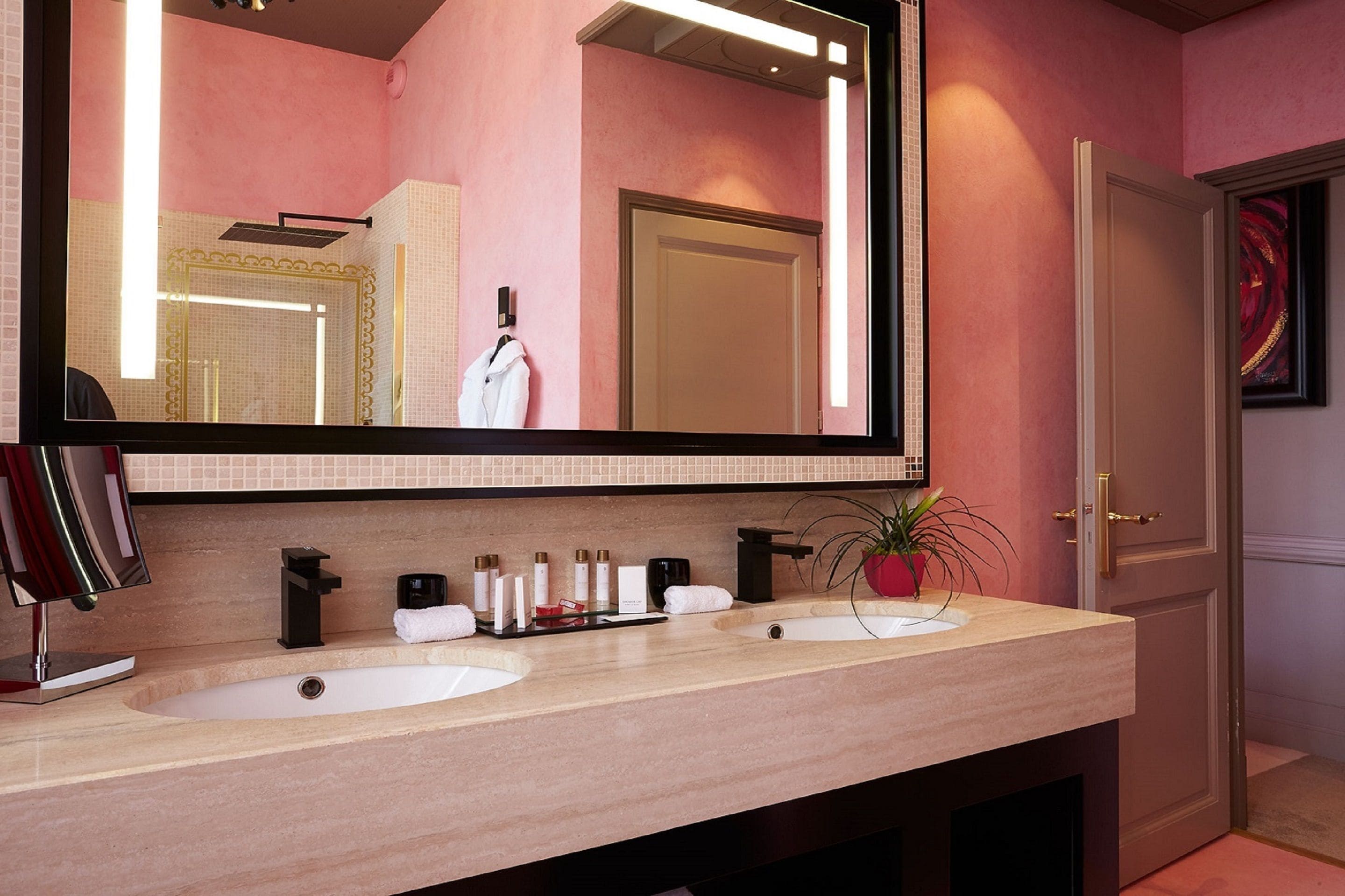 A bathroom with two sinks, a large mirror, and a potted plant.