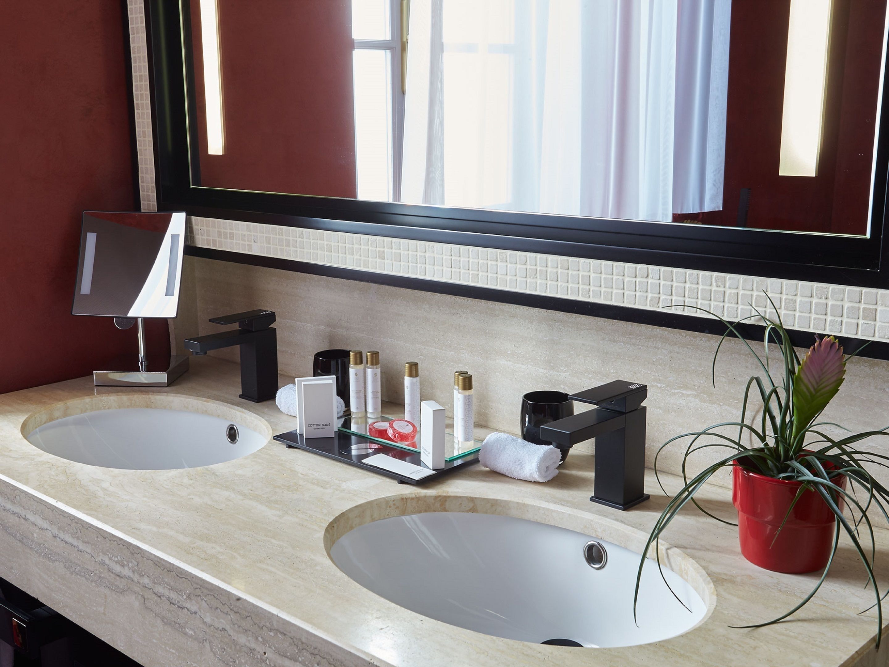 A bathroom with two sinks, a mirror, and a potted plant.