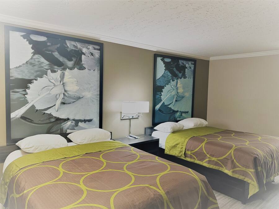 A hotel room with two beds, each with a brown and yellow patterned bedspread, a nightstand with a lamp, and large floral artwork on the walls.