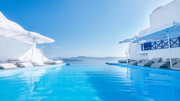 Outdoor pool, pool umbrellas, pool loungers