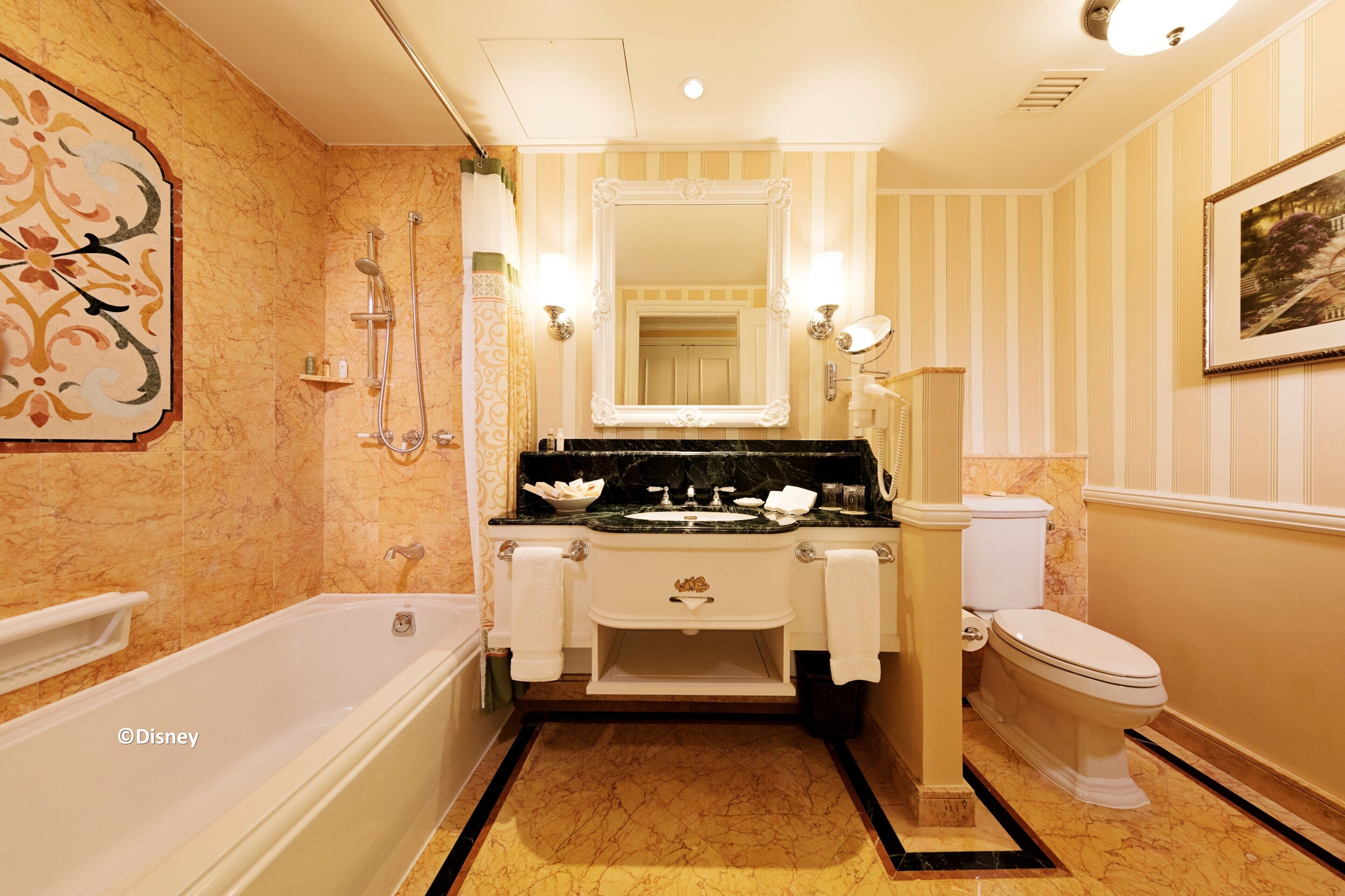 combined shower/bathtub, deep-soaking bathtub, designer toiletries