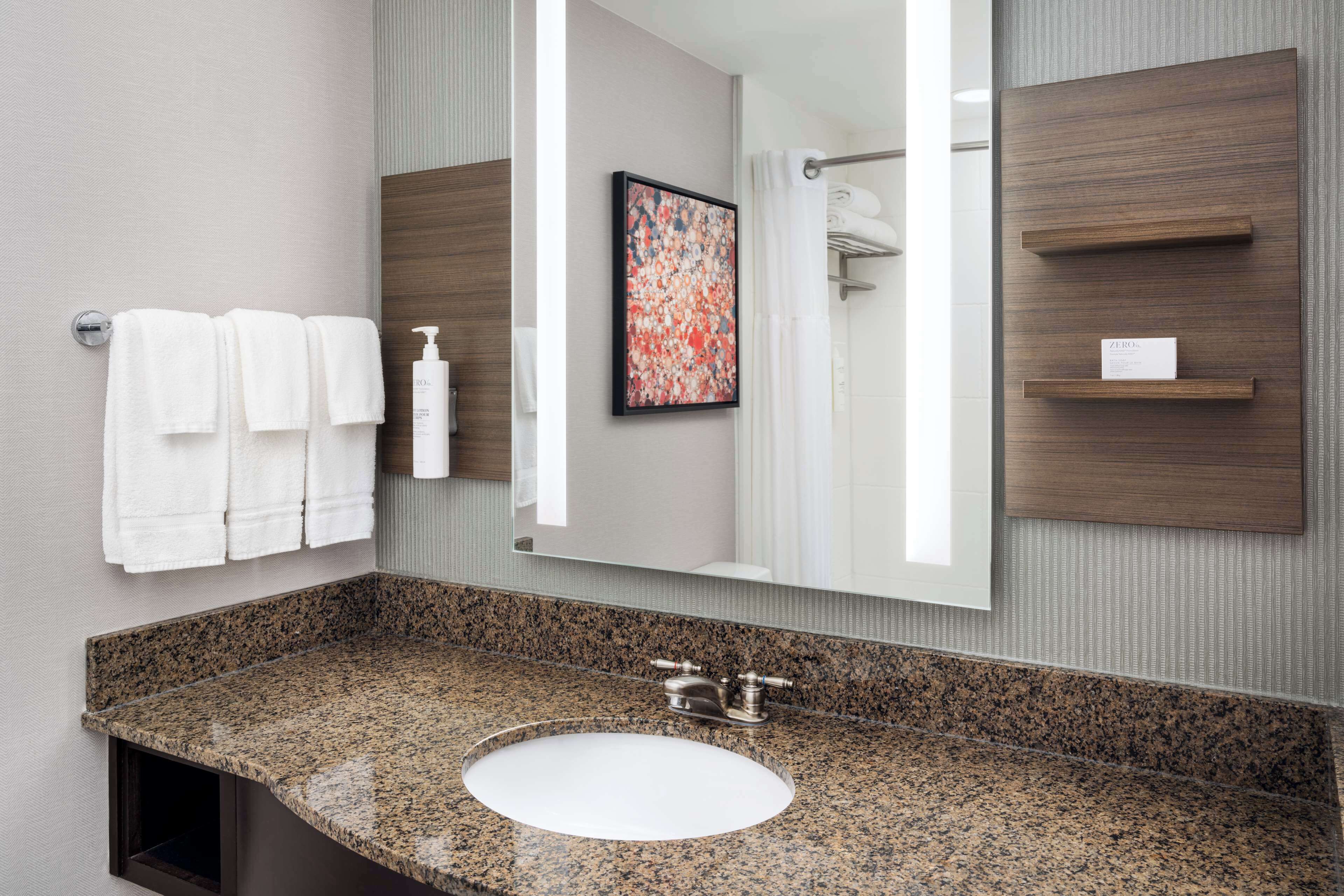 combined shower/bathtub, free toiletries, hair dryer, towels