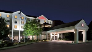 Een hotel met een opvallende entree, een vlaggenmast met de Amerikaanse vlag, en een bord met de tekst 'Hilton Garden Inn'.