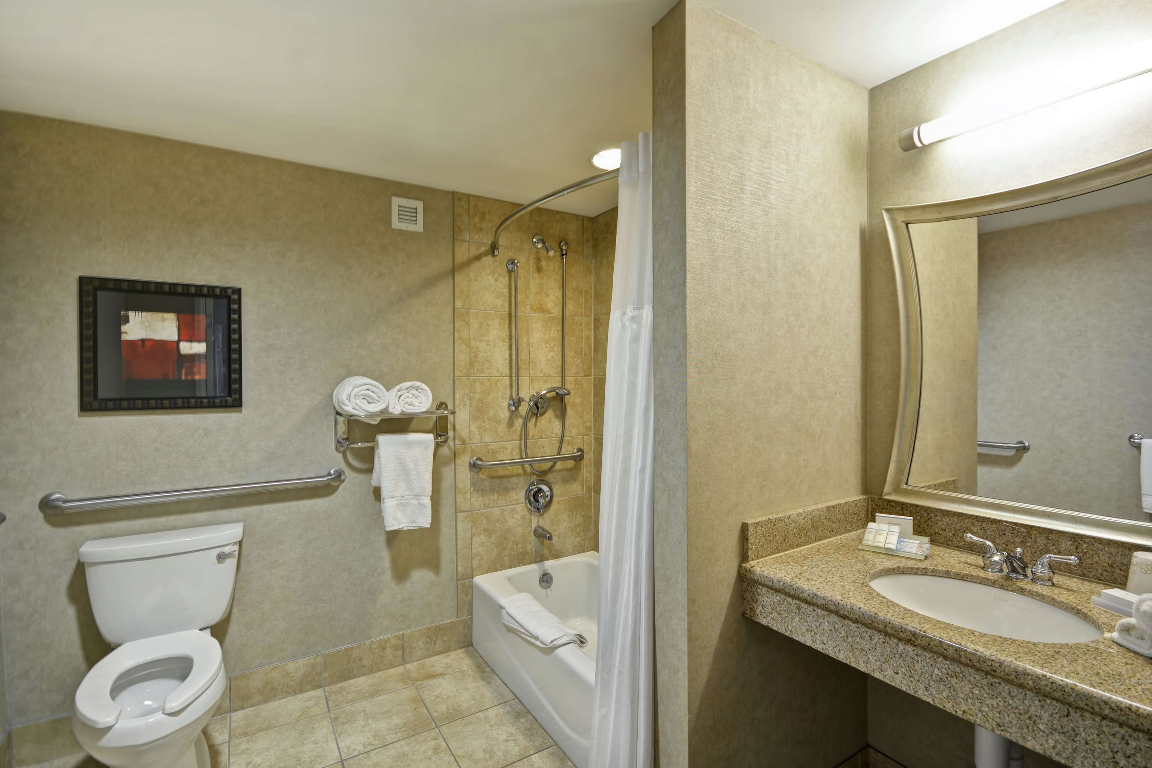 A bathroom with a toilet, bathtub, and sink, equipped with a shower curtain and handrails.