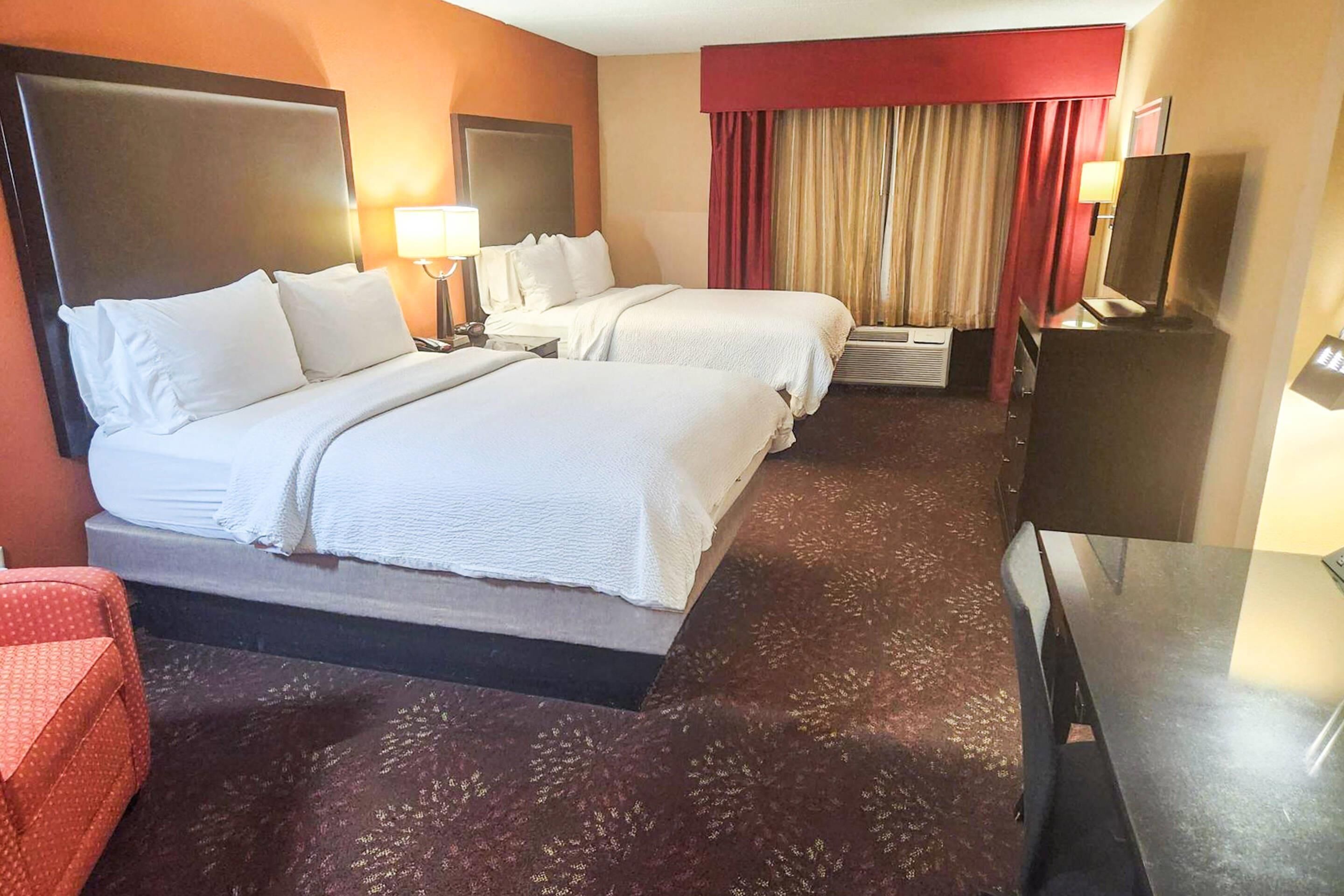 Standard Room, 2 Queen Beds, Non Smoking | In-room safe, desk, laptop workspace, blackout drapes