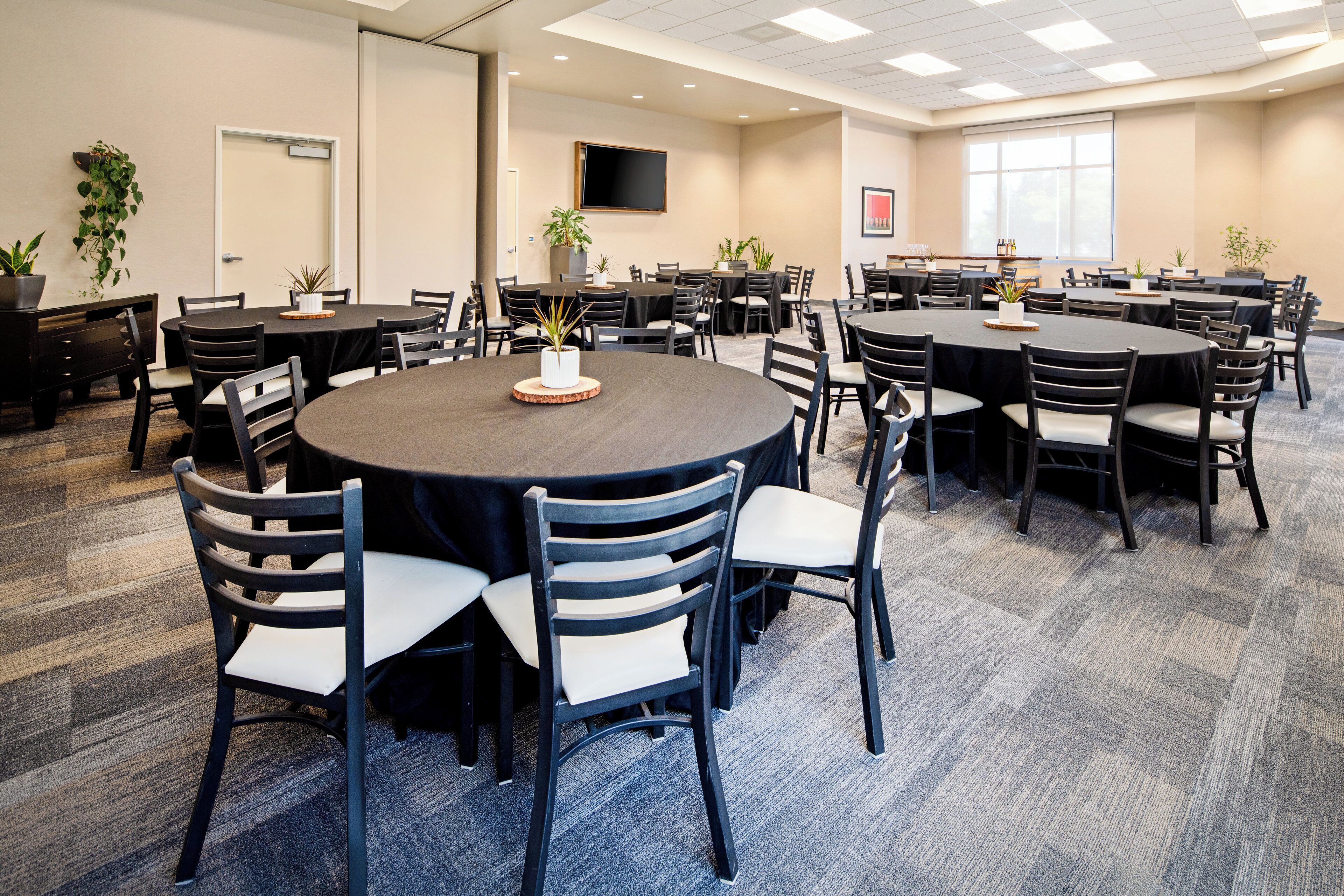 A conference room with multiple tables and chairs, equipped with a flat-screen TV, potted plants, and a carpeted floor.