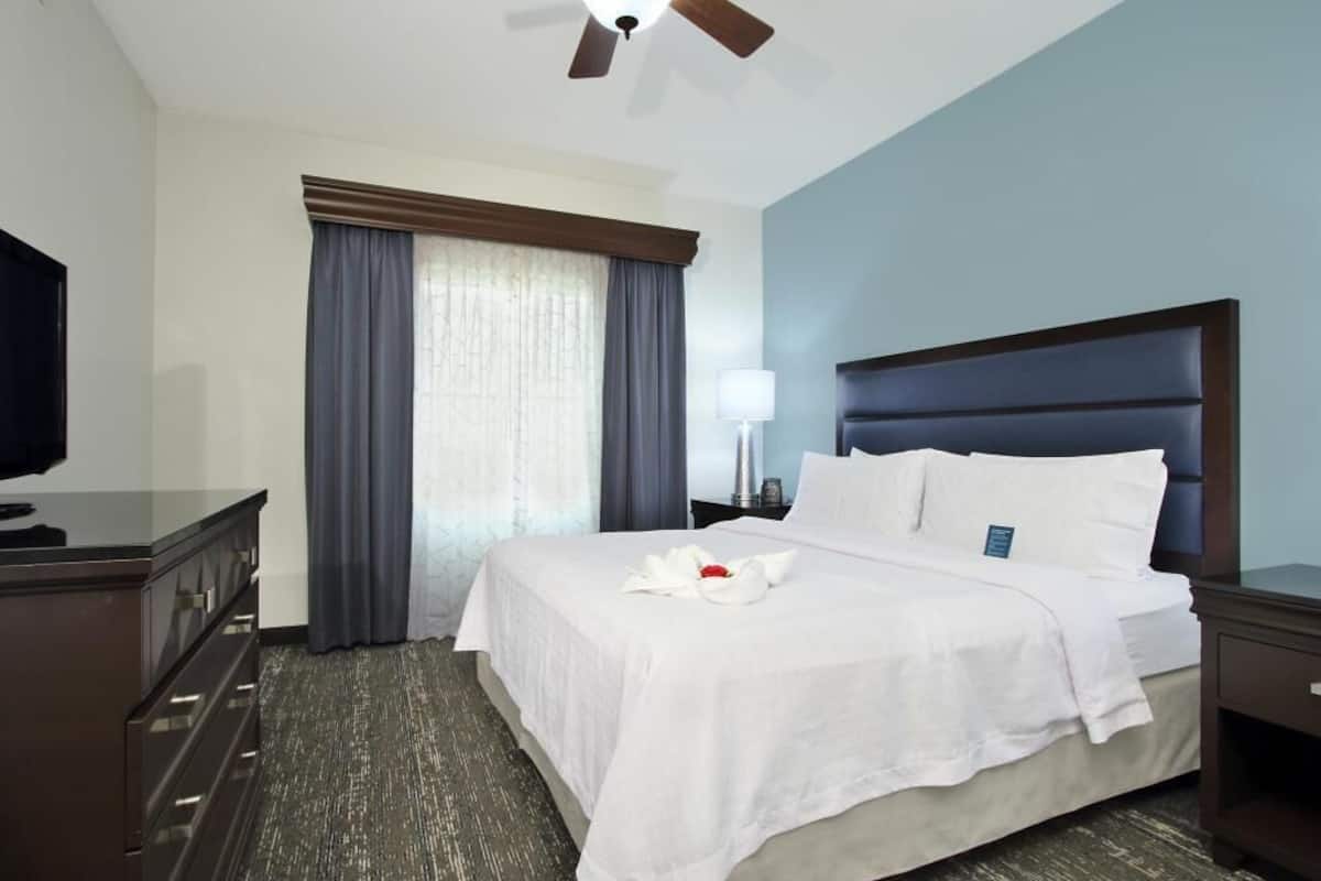 A hotel room with a bed, a desk, a TV, a ceiling fan, and a window with curtains.