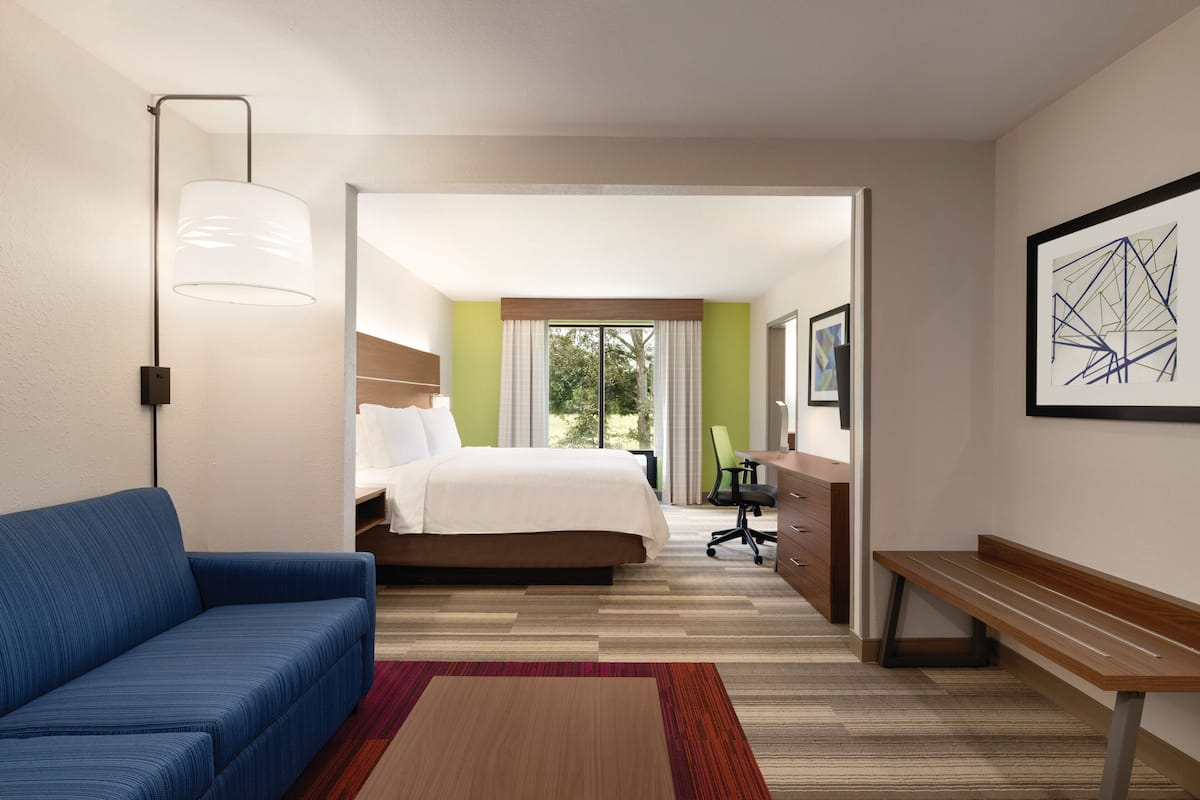 A hotel room with a bed, a desk, a chair, a sofa, and a large window with a view of greenery.