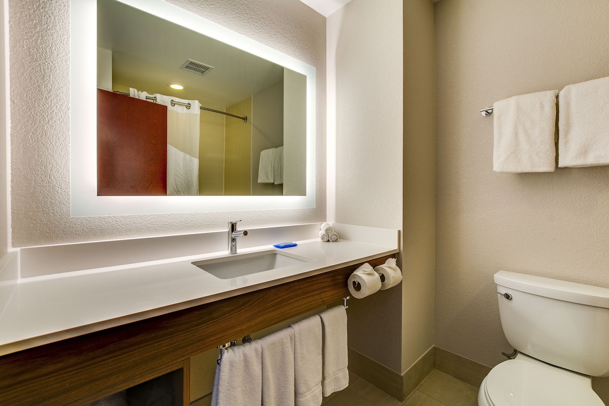 Combined shower/bathtub, free toiletries, hair dryer, towels