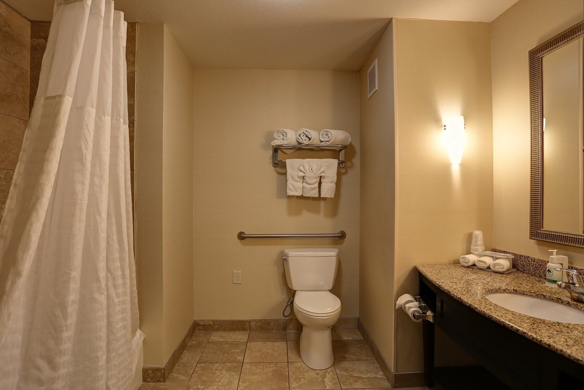 A bathroom with a toilet, sink, and shower curtain.