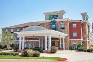 A Holiday Inn Express & Suites hotel with a covered entrance, brick facade, and American flag. - Holiday Inn Express & Suites Texarkana by IHG (Texarkana)