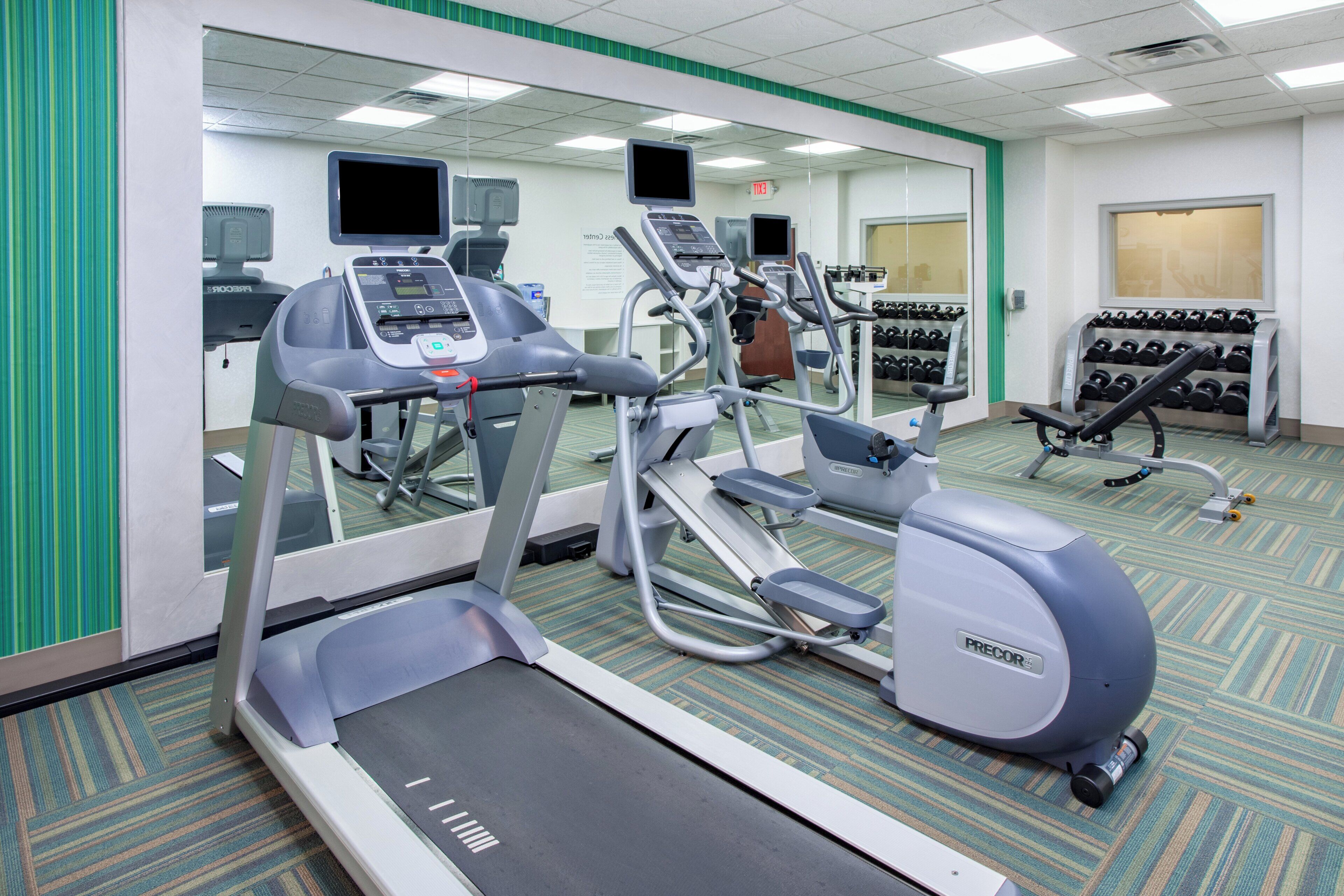 Une salle de sport équipée de tapis de course, de vélos elliptiques et de bancs de musculation.