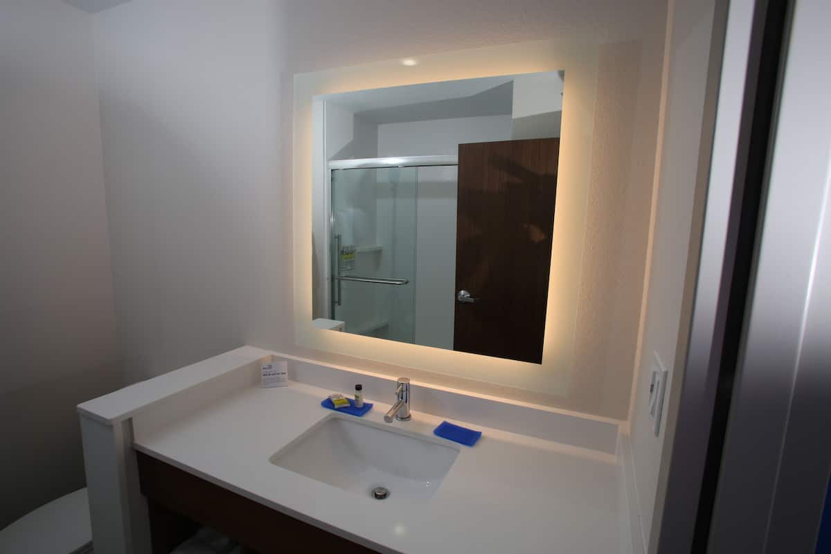 combined shower/bathtub, free toiletries, hair dryer, towels