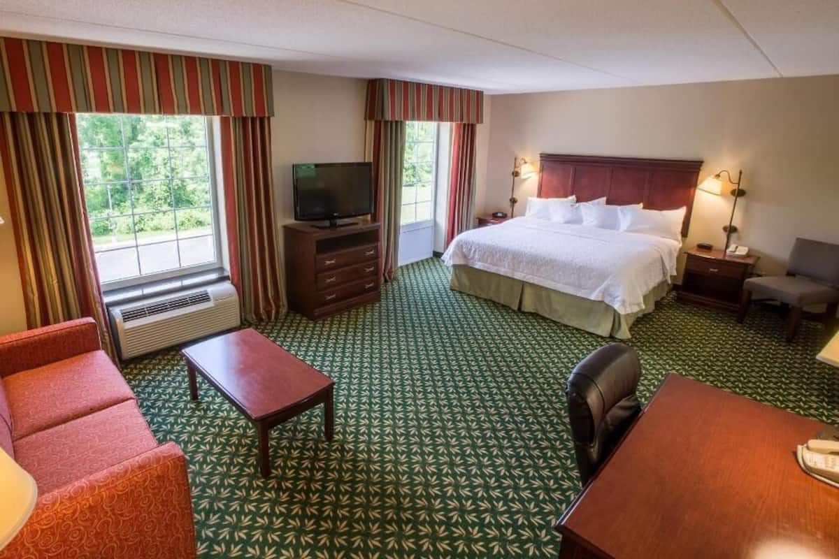 A hotel room with a bed, a TV, a desk, a chair, and a sofa.