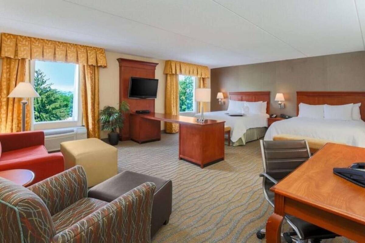 A hotel room with a bed, a desk, a TV, a sofa, and a chair.