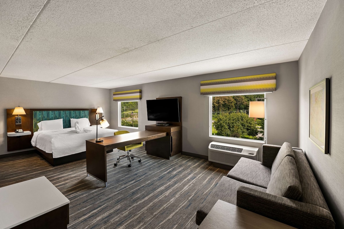 A hotel room with a bed, a desk, a TV, a sofa, and large windows offering a view of greenery.