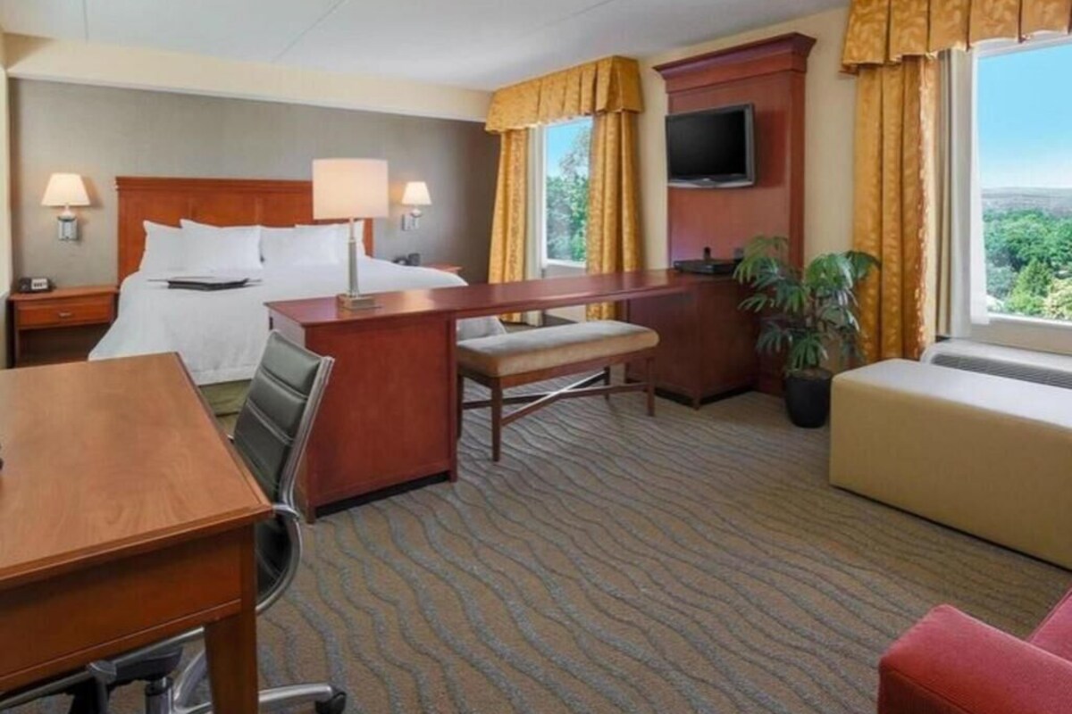A hotel room with a bed, desk, chair, TV, and a view of the outdoors.