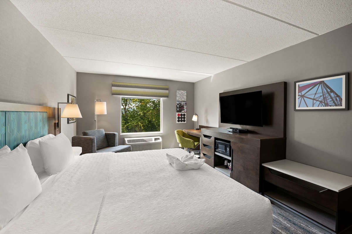 A hotel room with a large bed, a desk with a flat-screen TV, a chair, a desk lamp, a window with a view of trees, and a wall-mounted artwork.
