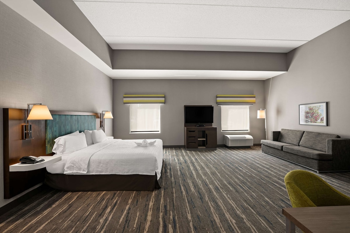 A hotel room with a bed, a desk, a TV, a sofa, and a chair.