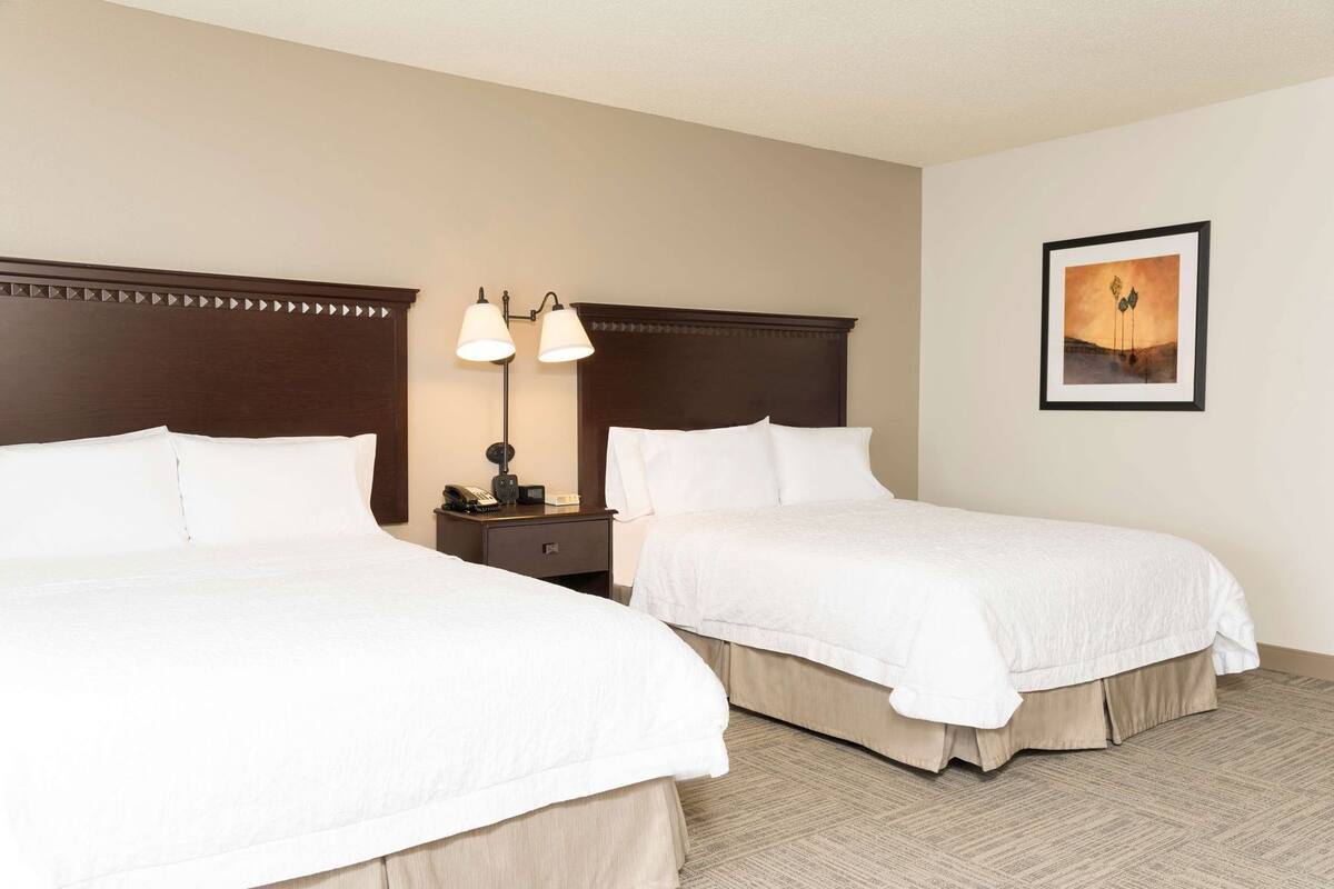A hotel room with two beds, a nightstand with a lamp, and a framed picture on the wall.
