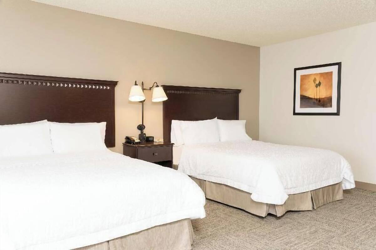A hotel room with two beds, a nightstand, a lamp, and a framed picture on the wall.
