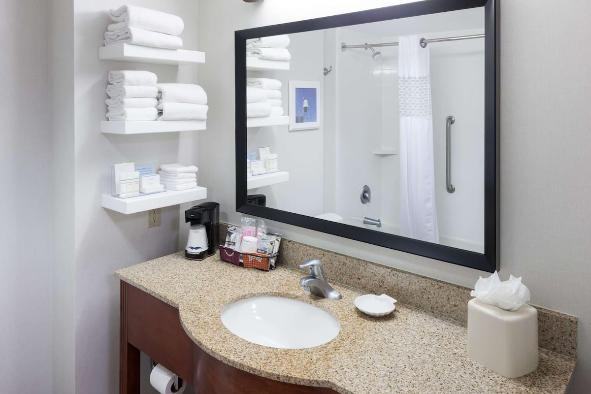 combined shower/bathtub, free toiletries, hair dryer, towels