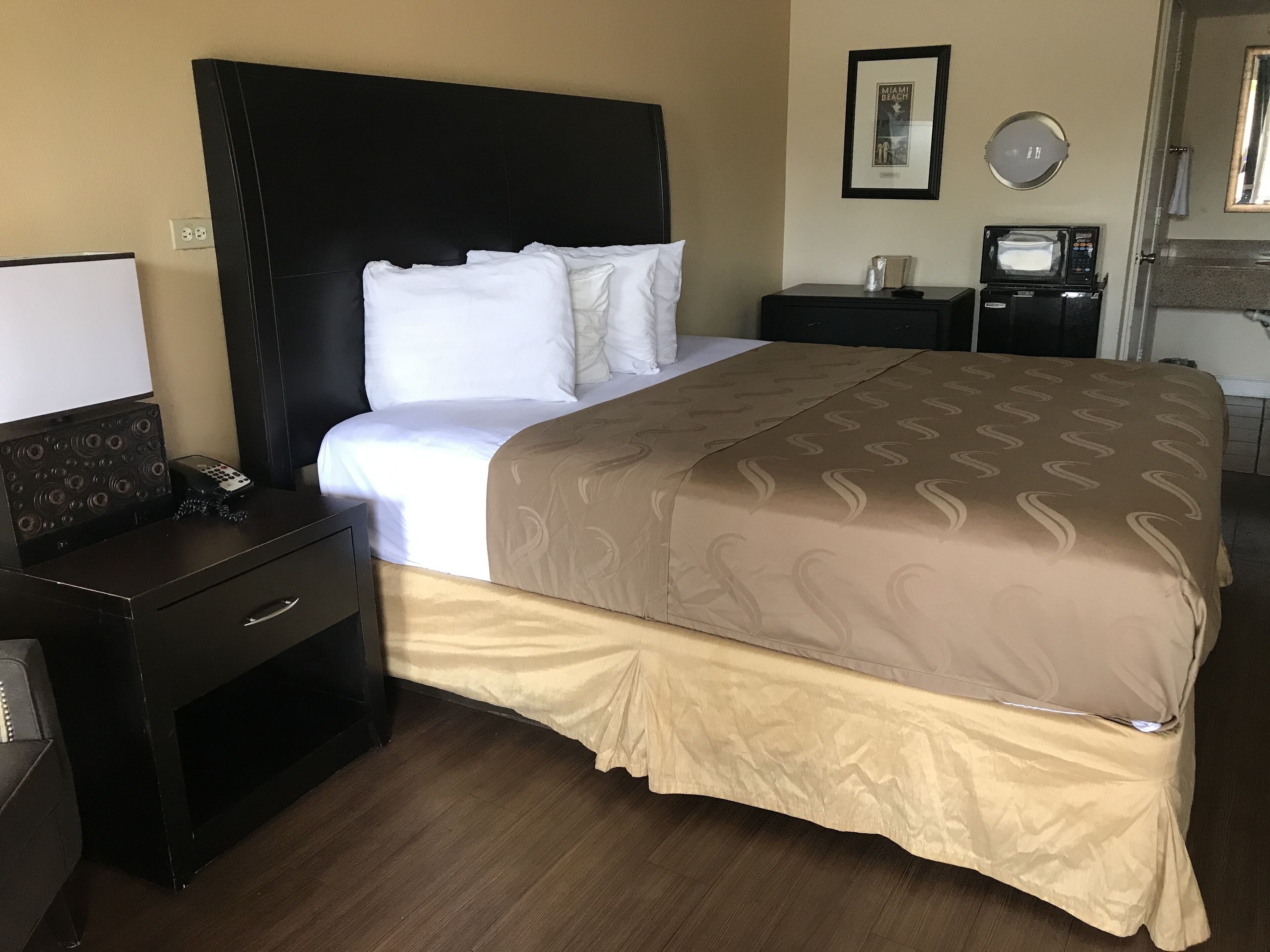 Une chambre d’hôtel avec un lit, une table de chevet, un téléviseur et un tableau encadré au mur.