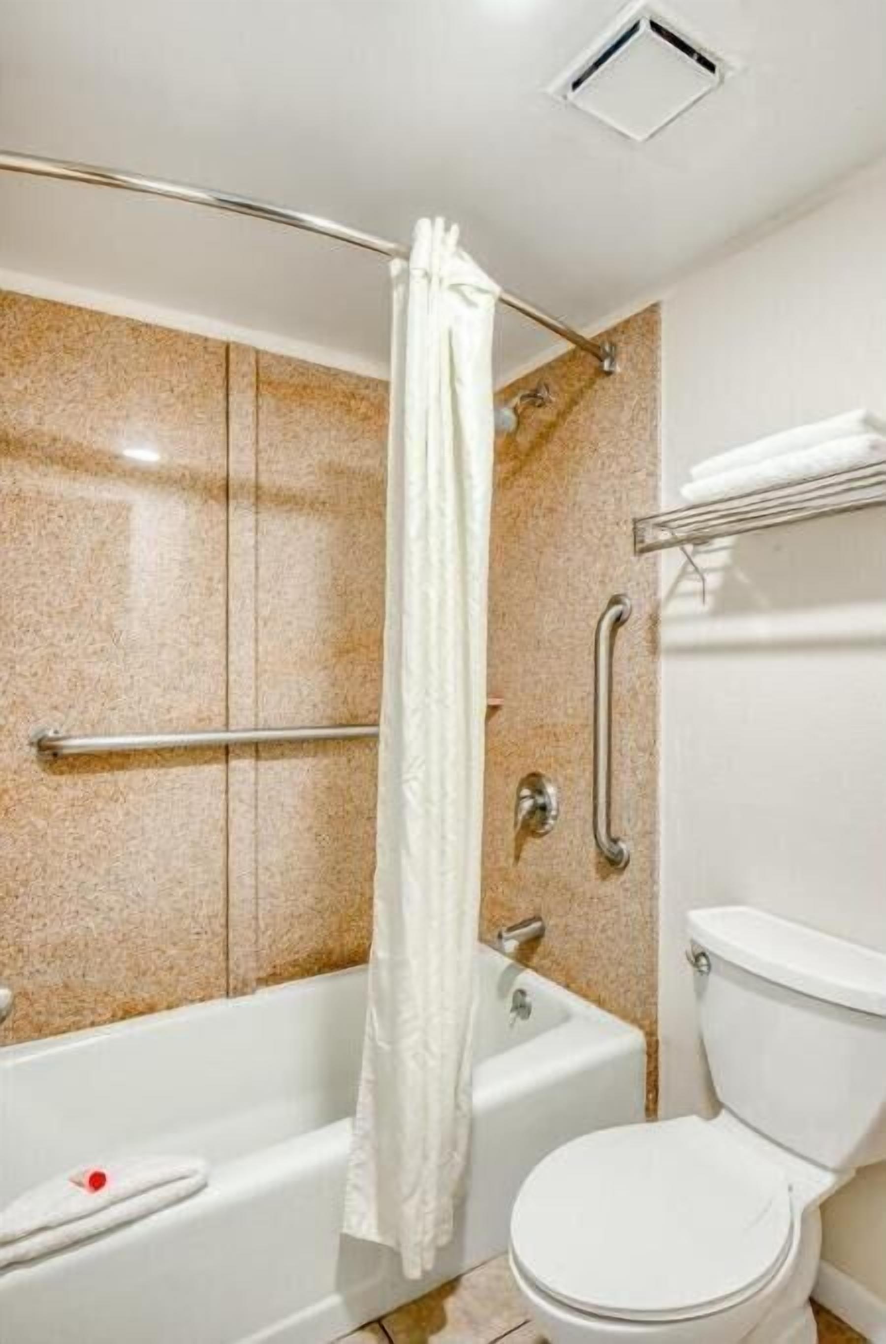 A bathroom with a bathtub, toilet, and shower area.