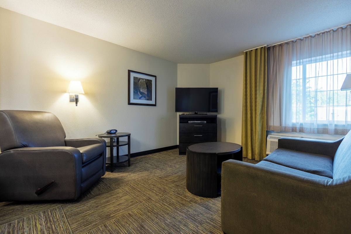 Une chambre d’hôtel équipée d’un canapé, d’un fauteuil, d’une petite table, d’un téléviseur à écran plat et d’une fenêtre avec des rideaux.