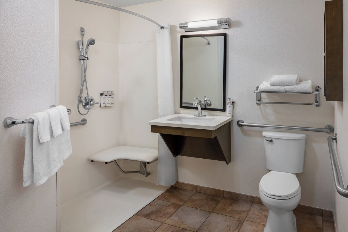 A modern bathroom with a shower, toilet, sink, and a mirror.