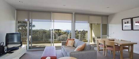 A modern living room with a large sliding glass door, a sofa, a round table, a TV, and a dining area.