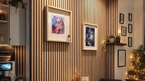 A modern dining area with a striped wall, framed artwork, a coffee table, chairs, and a small plant. - Hôtel Vieille Tour Centre Rouen (Rouen)
