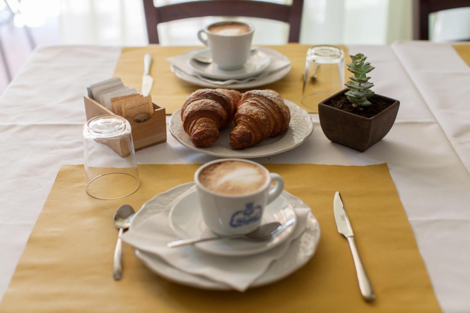 Una mesa con cruasanes, una taza de café, una pequeña planta en maceta y un vaso de agua.