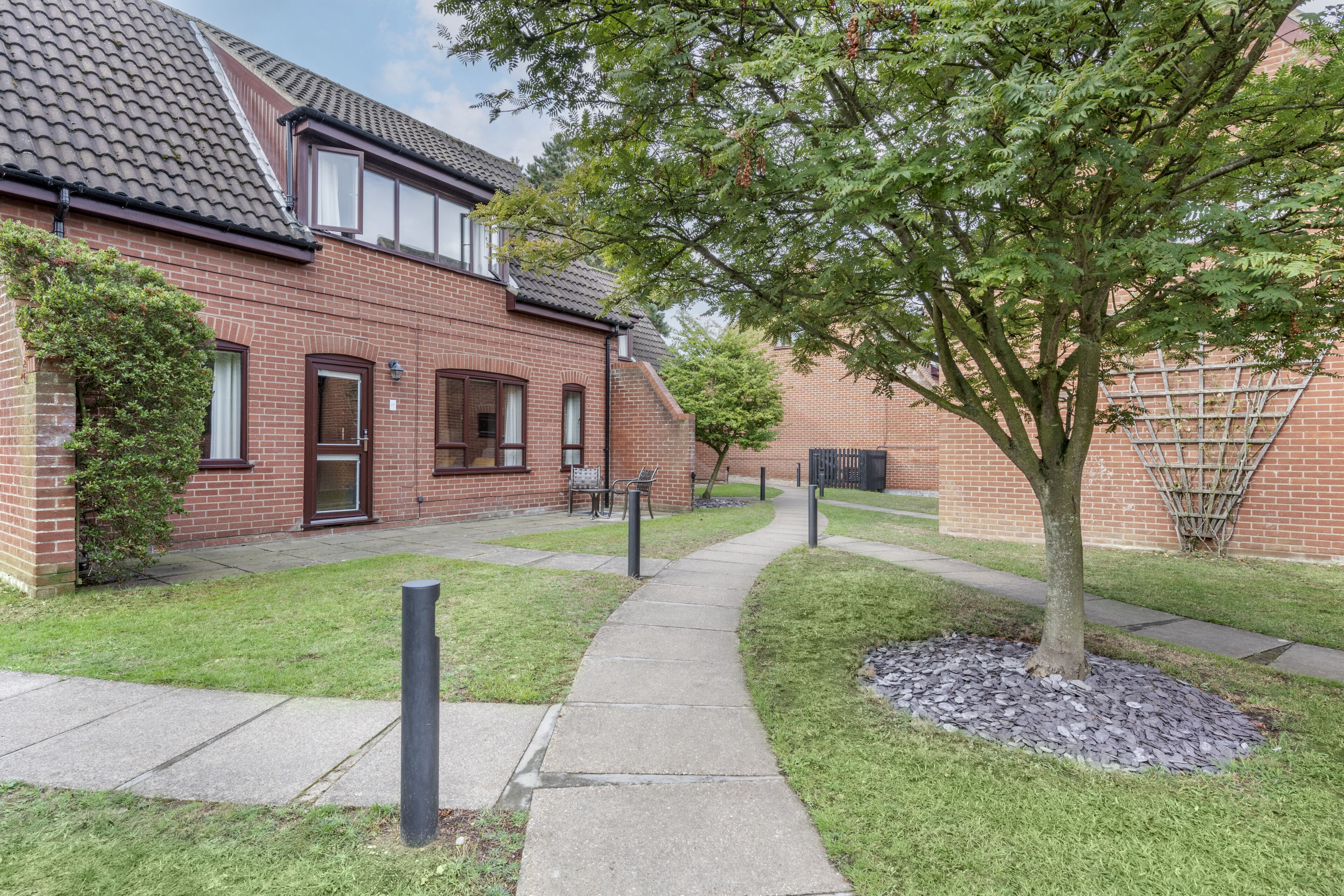 A brick building with a paved walkway, a tree, and a small garden area.