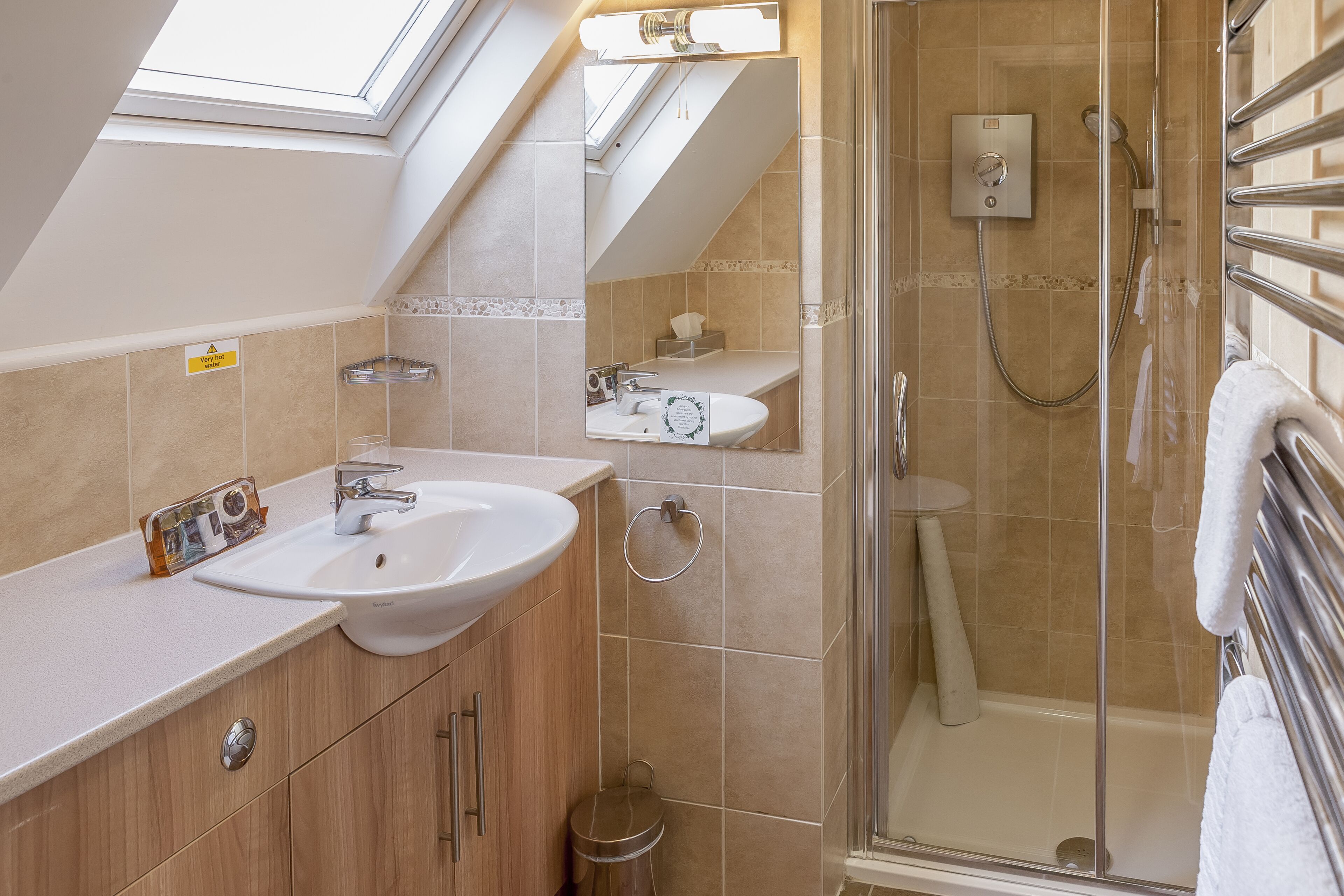A modern bathroom with a skylight, a shower, and a vanity with a sink and mirror.