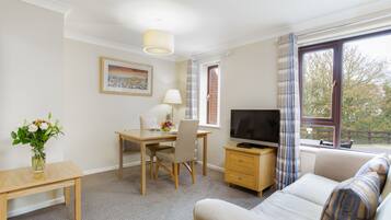 A furnished room with a dining table, a sofa, a TV, a window with curtains, and a painting on the wall.