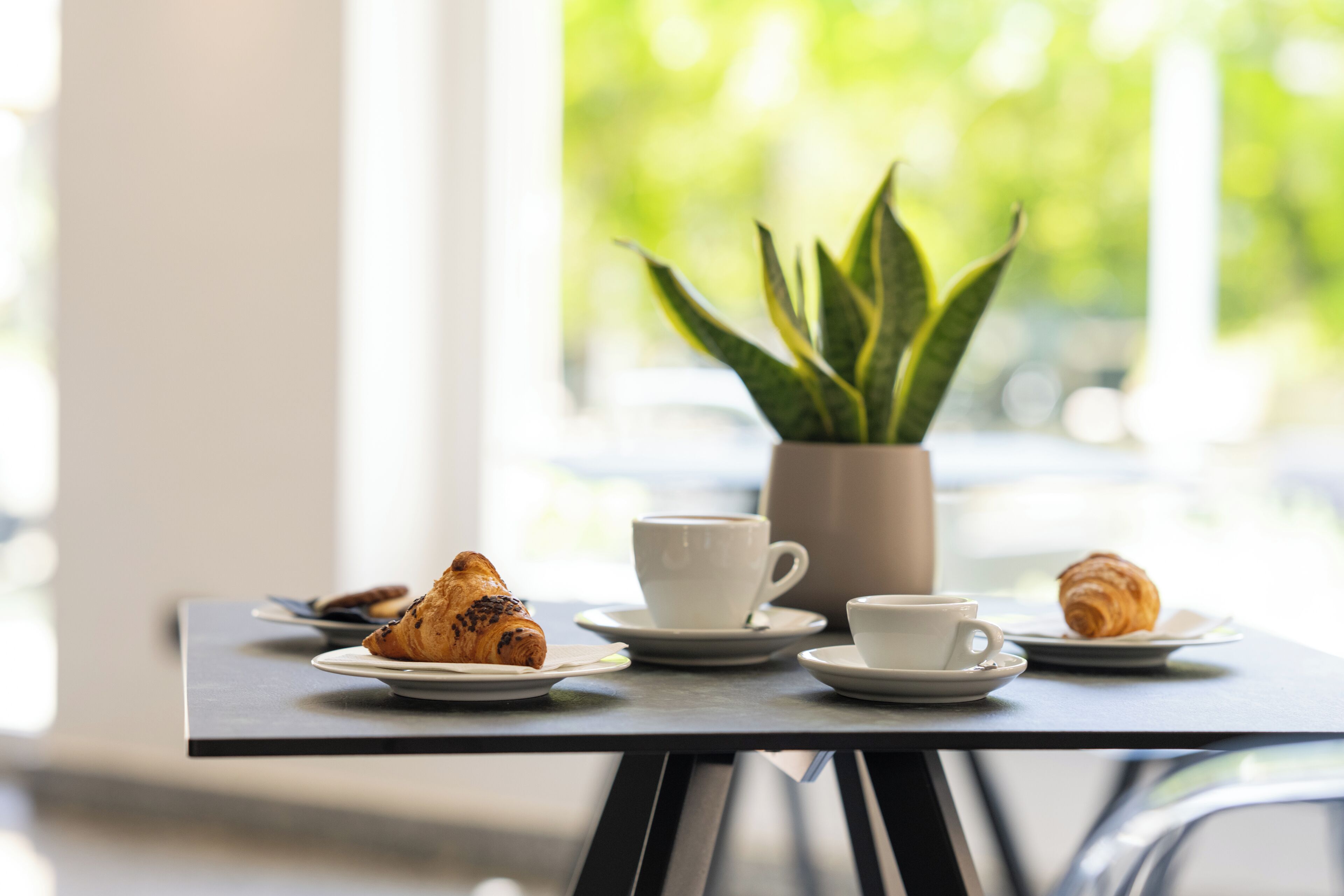 Una mesa con croissants, tazas y una planta en maceta.