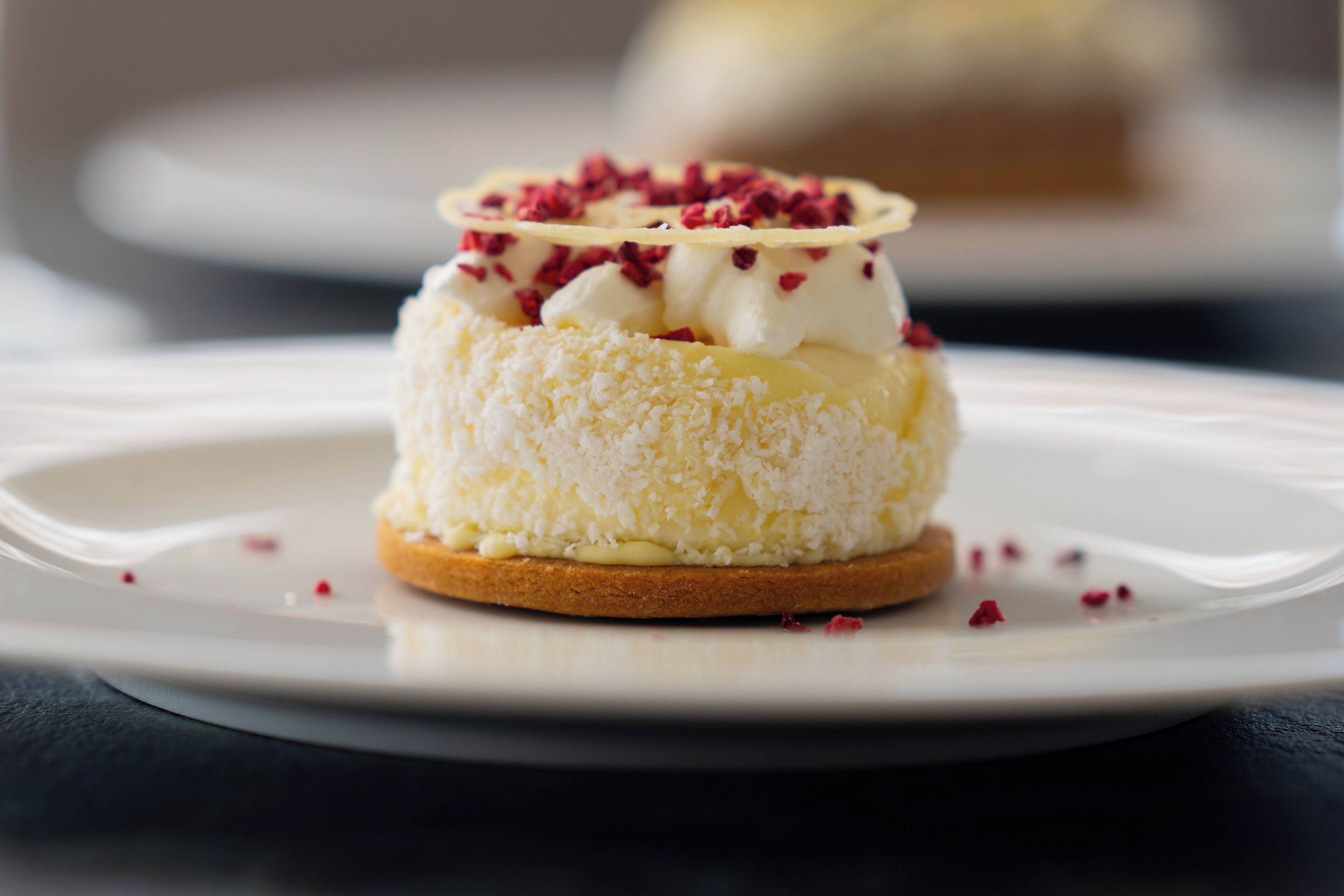 A dessert on a white plate with a blurred background.